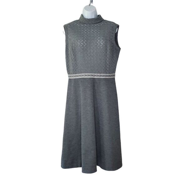 Vintage 60's 70's 2 pc Fit Flare Sleeveless Dress Cardigan Sz L Gray White - Picture 1 of 11